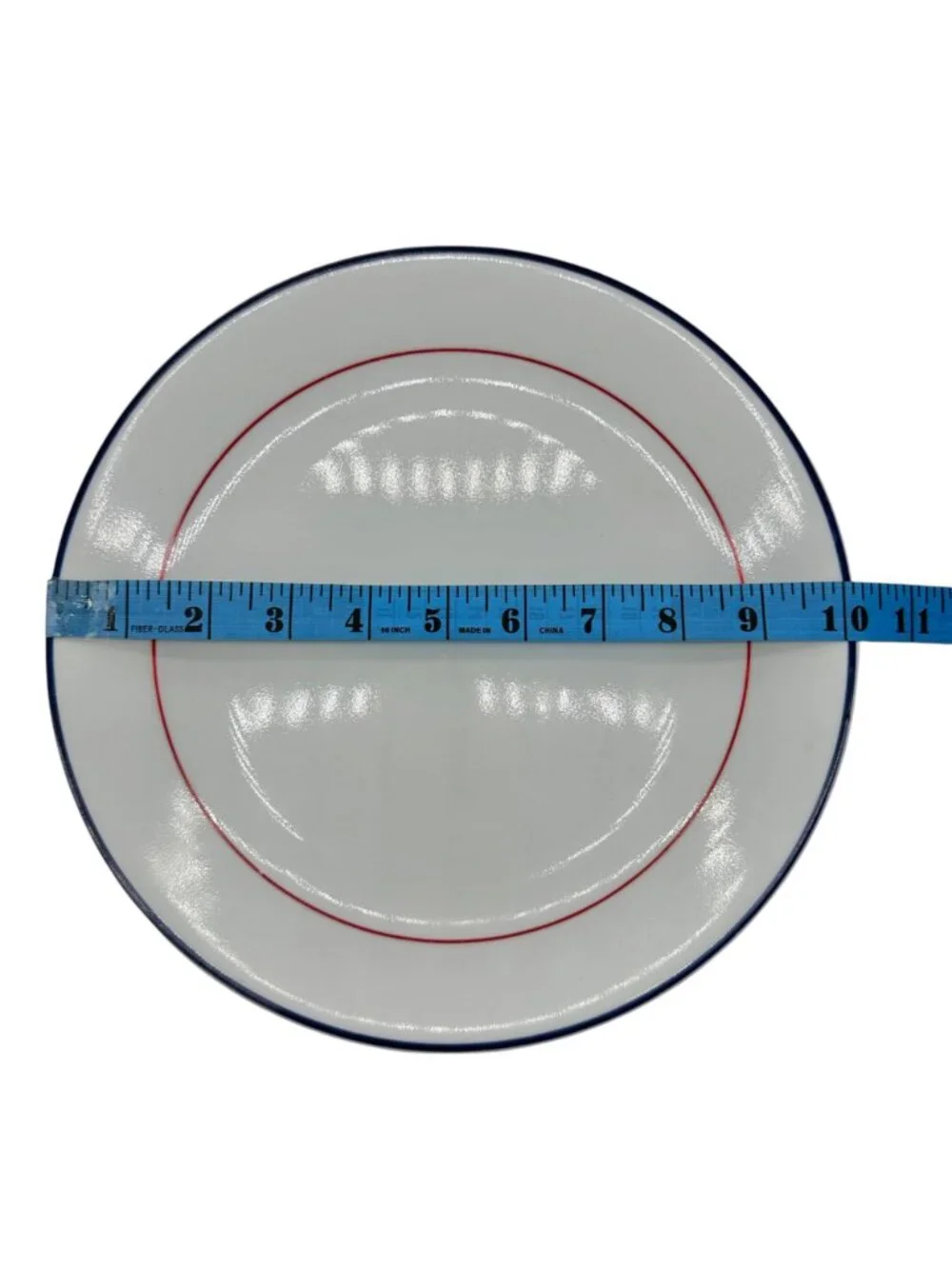 White Ceramic Plate With Red & Blue Accent Rings 10 Inch Dia Vtg Inspired Simple